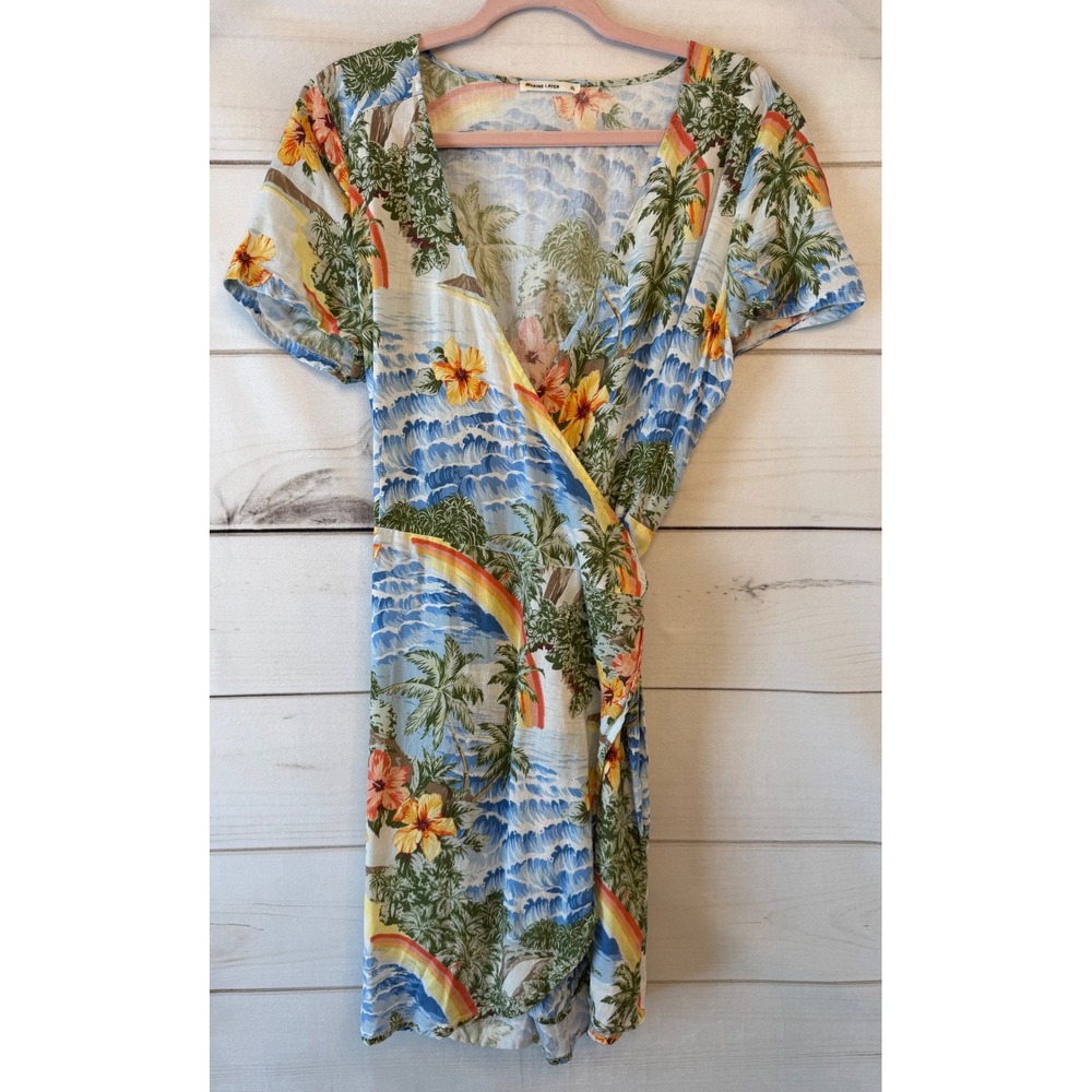 Marine Layer Tropical Rainbow Wrap Dress XL Tencel Linen Blend Mini Short Sleeve